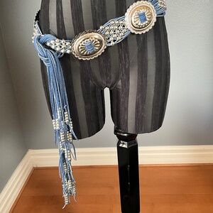 Western Cowgirl Suede Beaded Fringe Concho Belt Faux Silver Blue Silver OS